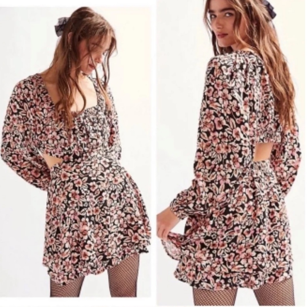 NWT Free People Jael Printed Mini Dress Black Motif XS